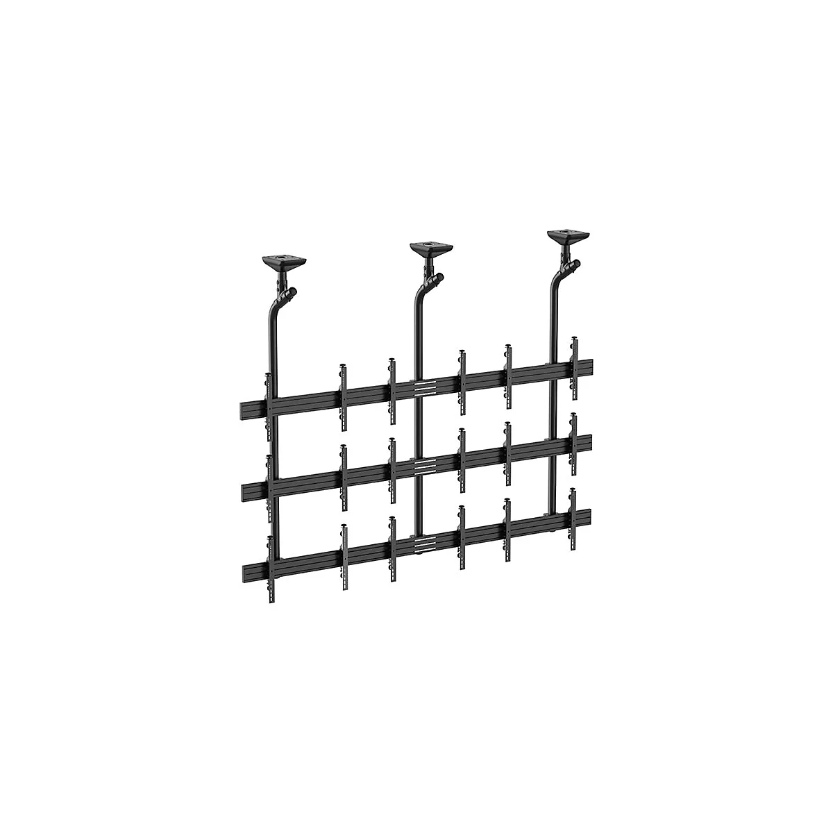 Schwarze Deckenhalterung für mehrere Bildschirme, aus Stahl gefertigt. Die Halterung zeigt mehrere horizontal und vertikal ausgerichtete Halterungen.