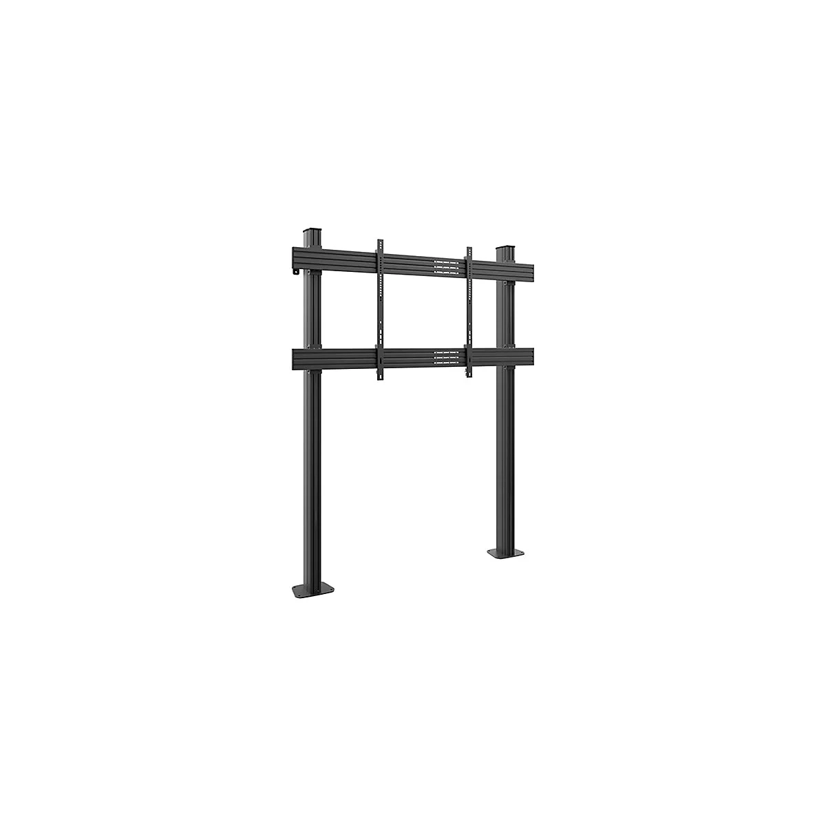 Schwarzer, freistehender TV-Ständer, der aus Säulen, Halterungen und Rahmen besteht.