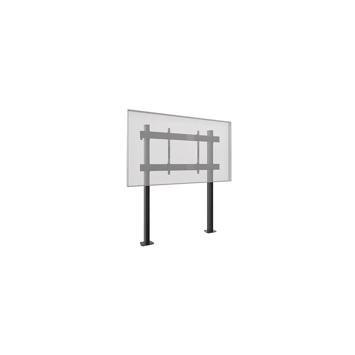 Schwarzer TV-Ständer mit integrierter Halterung. Die Montageplatte ist transparent dargestellt.
