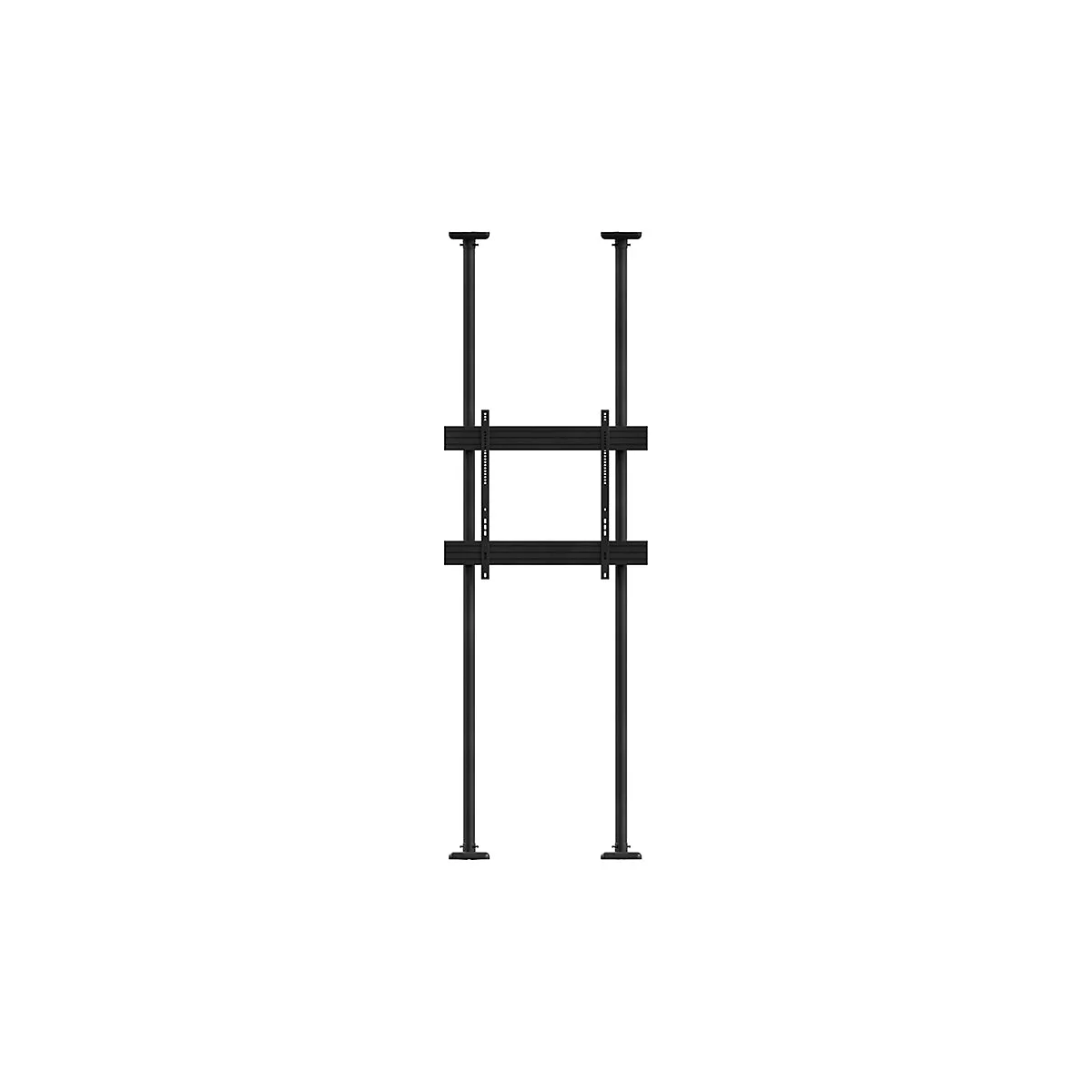 Schwarze Deckenhalterung für einen Bildschirm. Zwei Stangen, verbunden durch eine Halterung.