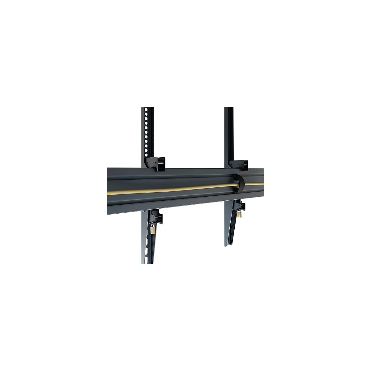 Detailaufnahme einer Halterung. Graue Metallkonstruktion mit gelbem Kabel, an der zwei Vorhängeschlösser befestigt sind.