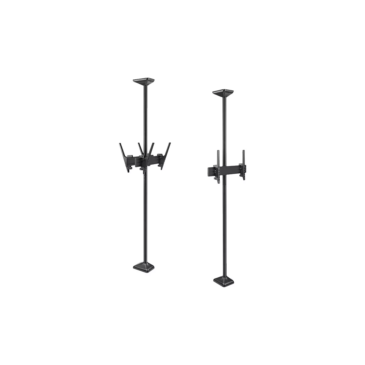 Zwei schwarze Deckenhalterungen für Fernseher. Jede Halterung hat eine Säule, eine quadratische Basis und eine Halterung für den Fernseher.