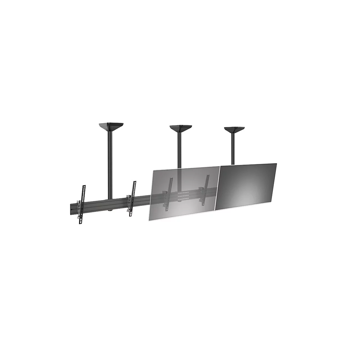 Deckenhalterung mit zwei Bildschirmen. Schwarze Halterung, graue Bildschirme.