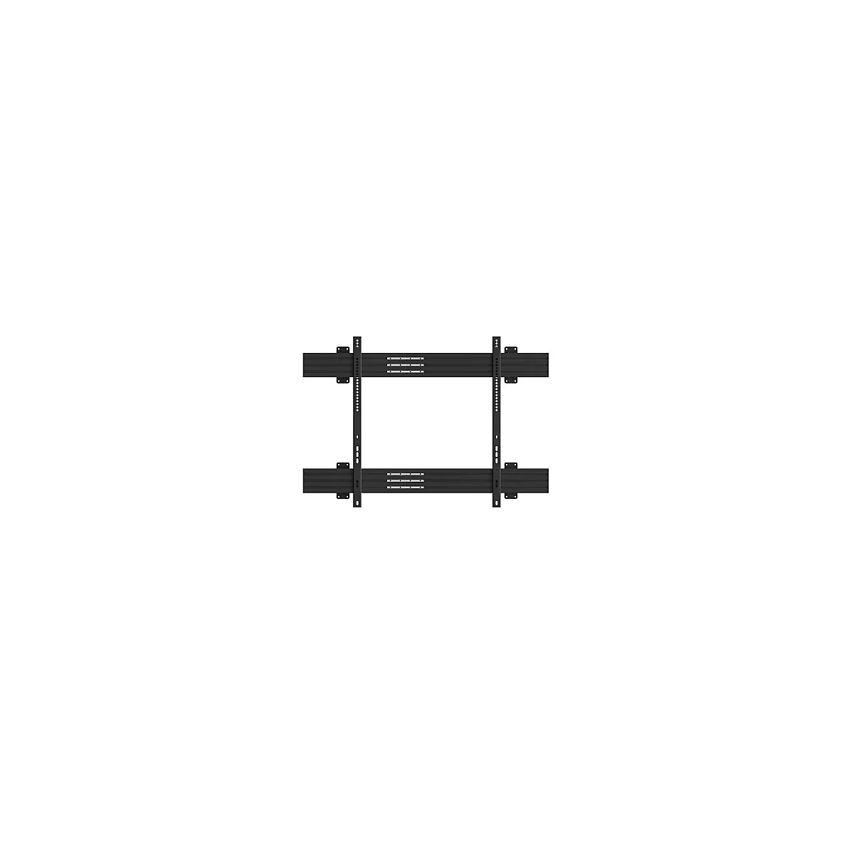 Schwarze TV-Halterung, bestehend aus horizontalen und vertikalen Metallschienen mit Schraubenlöchern, für Wandmontage.