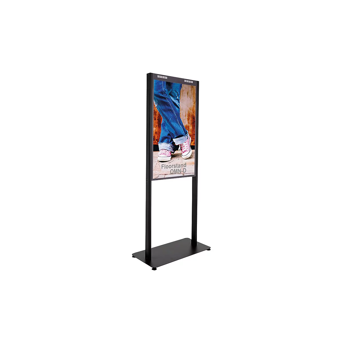 Schwarzer digitaler Floorstand, Bild mit Jeans und rosa Schuhen, darunter Schriftzug Floorstand OMN-D.