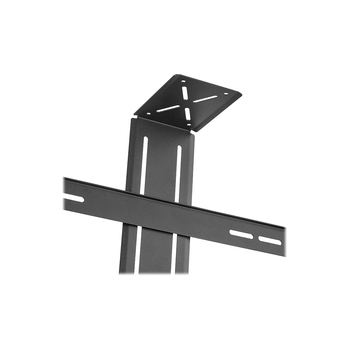 Schwarze TV-Halterung, Winkelstück mit Bohrungen und Langlöchern. Inkl. senkrechte und waagerechte Halterung.