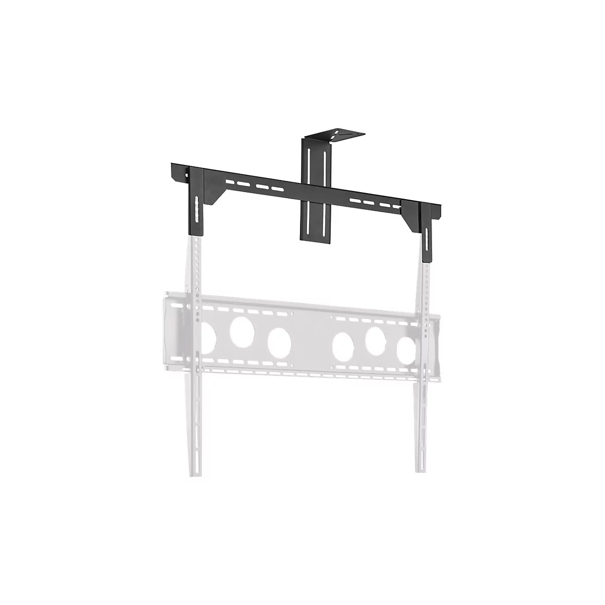 Schwarze Deckenhalterung für einen Fernseher. Das Montagesystem besteht aus Metall. Die Halterung zeigt die möglichen Befestigungspunkte.