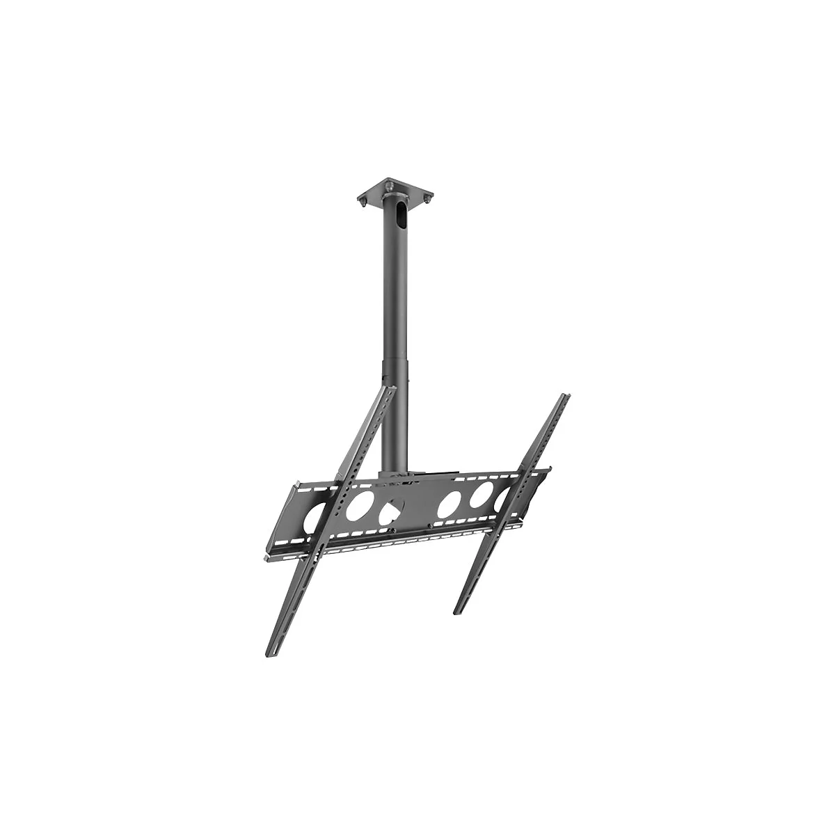 Eine Deckenhalterung für einen Fernseher, grau und minimalistisch. Sie besteht aus einer Halterung, einem Rohr und einem Halter für den Fernseher.