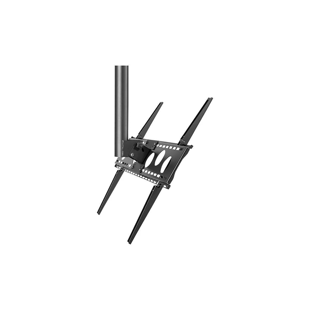 Schwarze TV-Halterung, mit Metallstange, Montageplatte und Haltearmen, vor weißem Hintergrund.