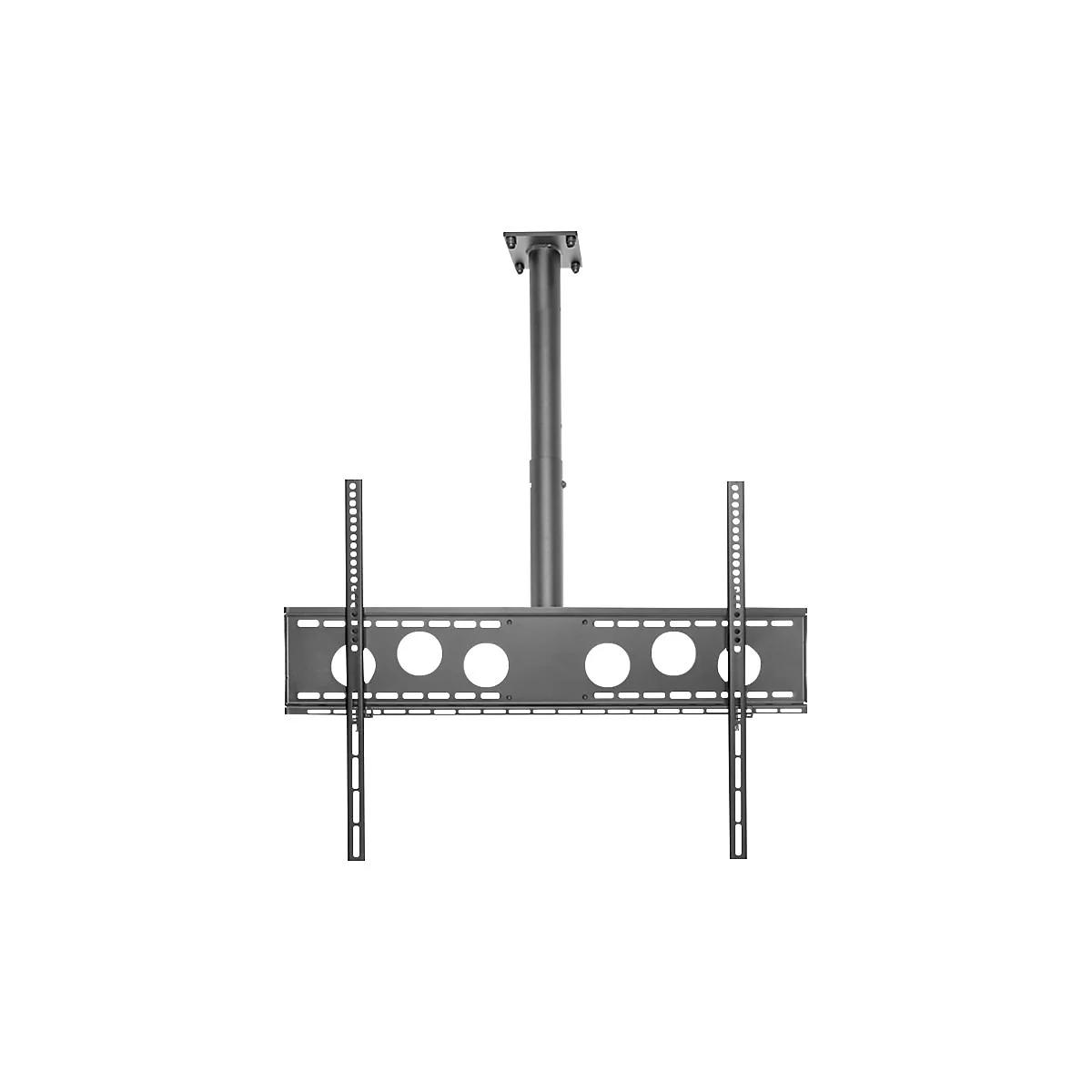 Eine schwarze Deckenhalterung für einen Fernseher. Die Halterung besteht aus einer vertikalen Stange, die an der Decke befestigt ist, und einer horizontalen Platte mit Löchern.