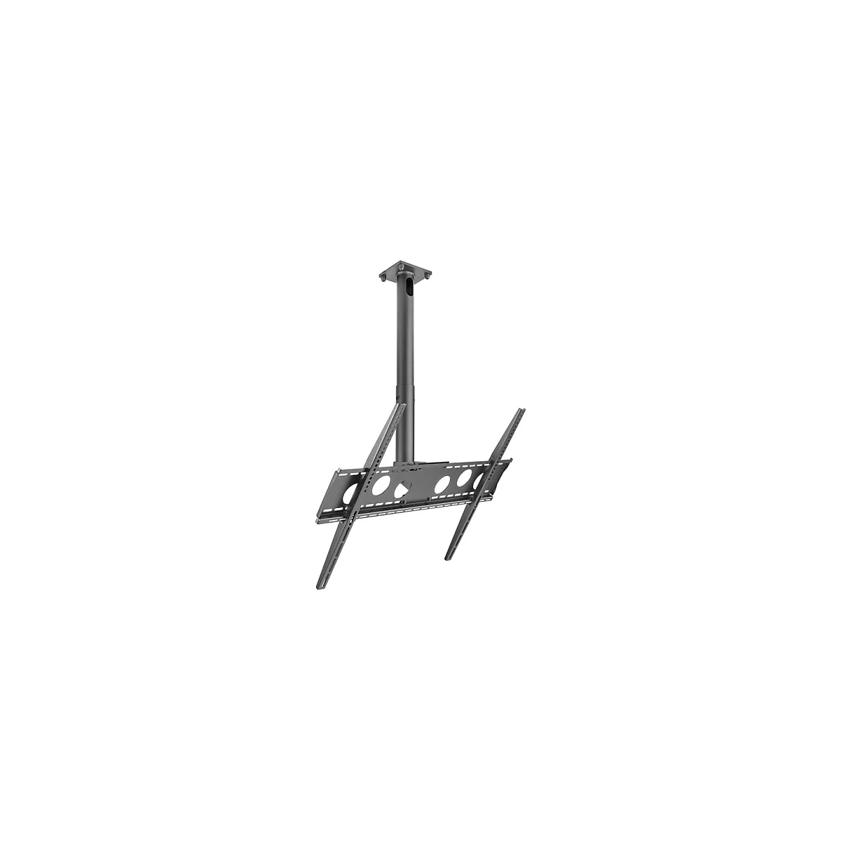 Schwarze TV-Deckenhalterung mit Halterungen. Der Halter ist an der Decke befestigt und für die Befestigung eines Fernsehers vorgesehen.