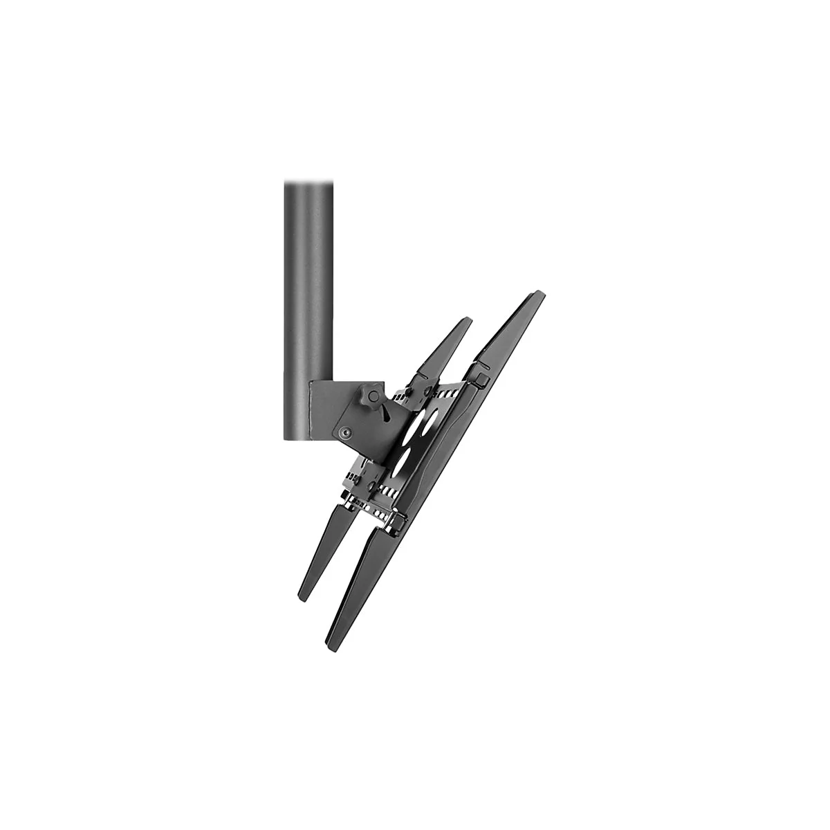 Schwarze TV-Halterung, bestehend aus einem senkrechten Stab, an dem ein verstellbarer Arm befestigt ist. Der Arm hat zwei Halterungen.