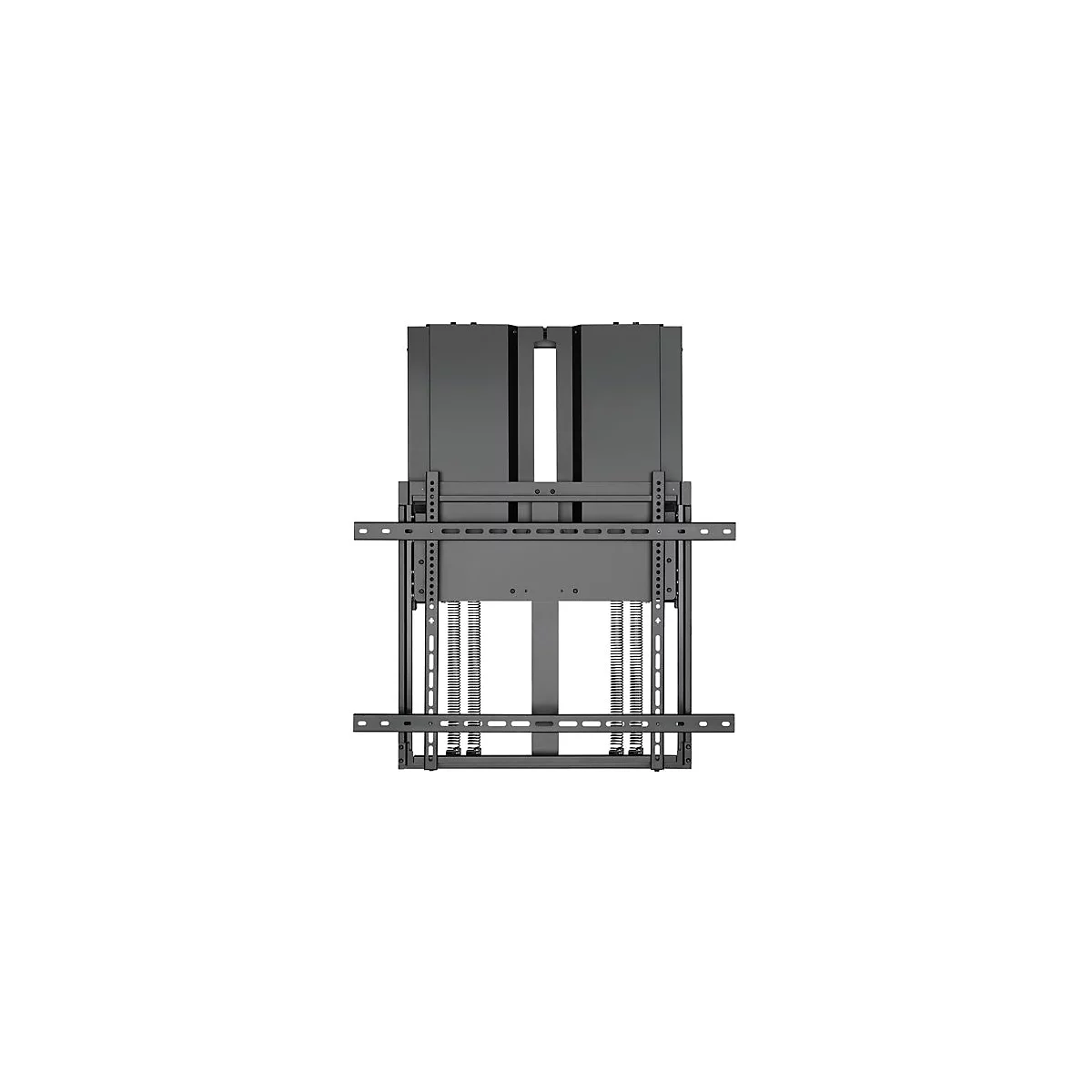Schwarze TV-Wandhalterung, Draufsicht. Horizontalstreben, vertikale Träger, Federn und ein großer Spalt in der Mitte.
