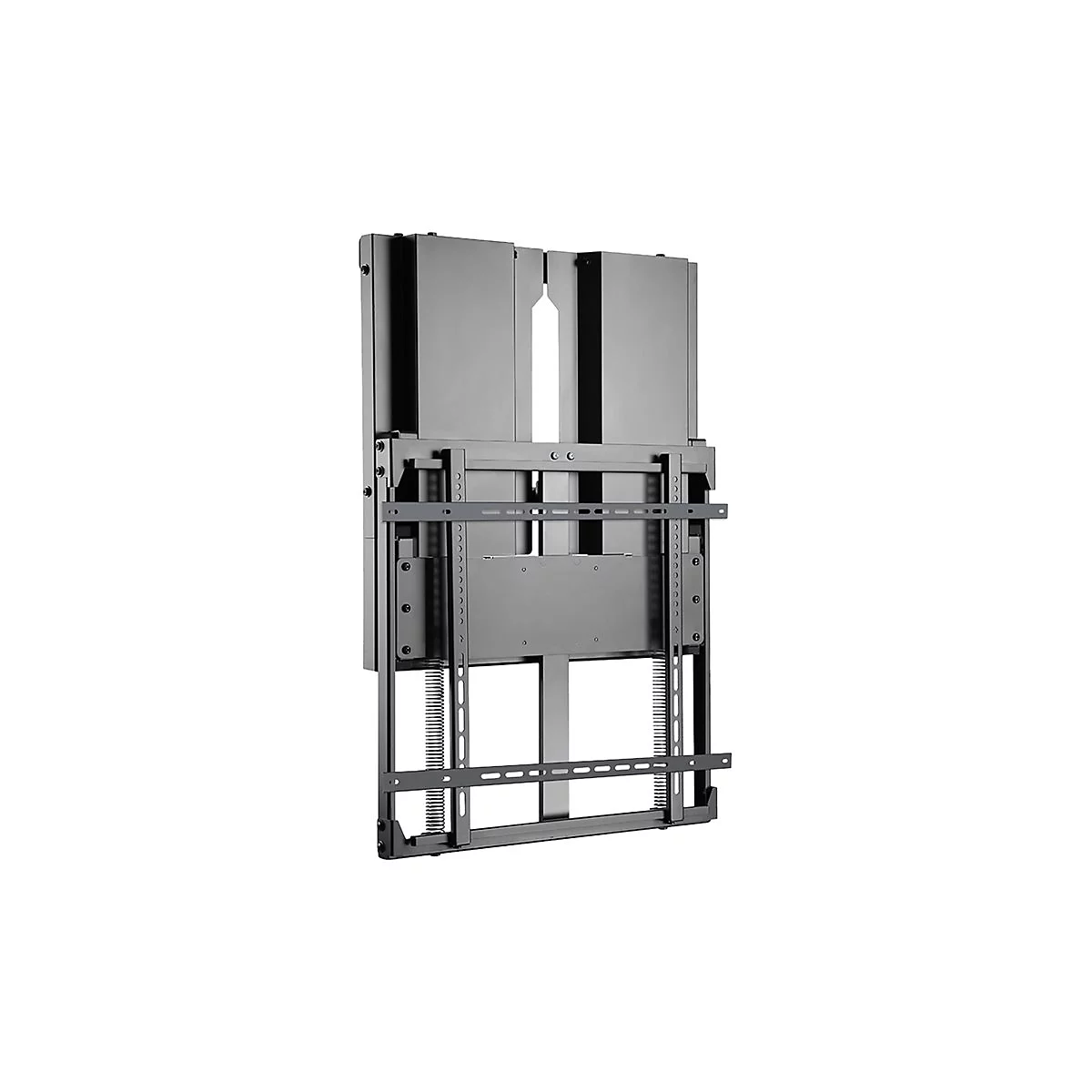 Schwarze TV-Wandhalterung, Frontansicht, bestehend aus Metallstreben und -platten.