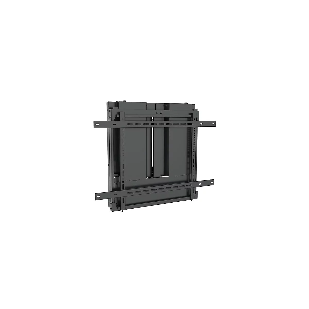 Schwarze TV-Wandhalterung, Frontansicht, mit horizontalen und vertikalen Metallstreben.