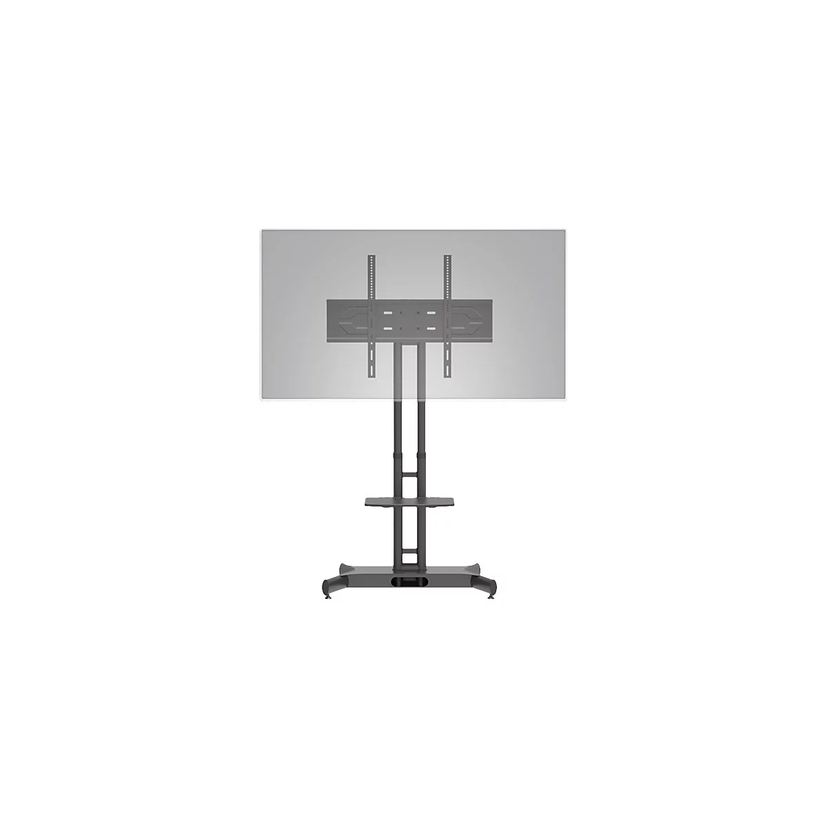 Support TV noir sur fond blanc, avec plaque de montage et étagère.