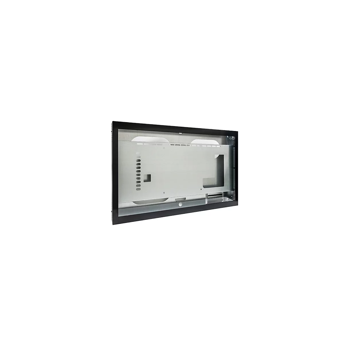 Schwarzer Metallrahmen mit silberner Innenplatte. Löcher und Aussparungen sind im Metall zu sehen.