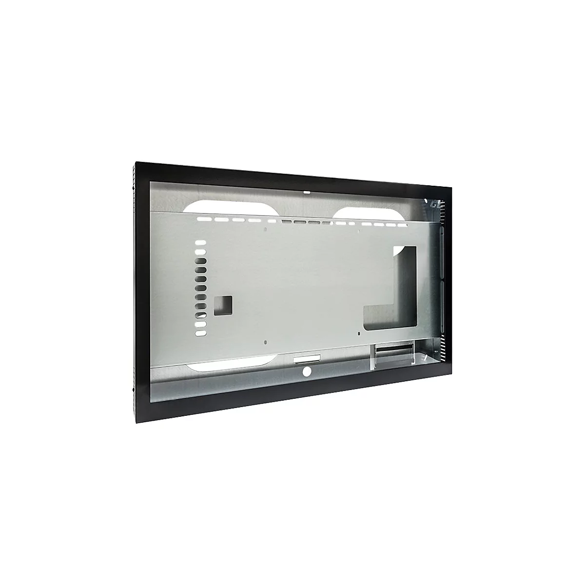 Schwarzer Metallrahmen mit einem silbernen Innenteil, welches Löcher und Aussparungen aufweist.