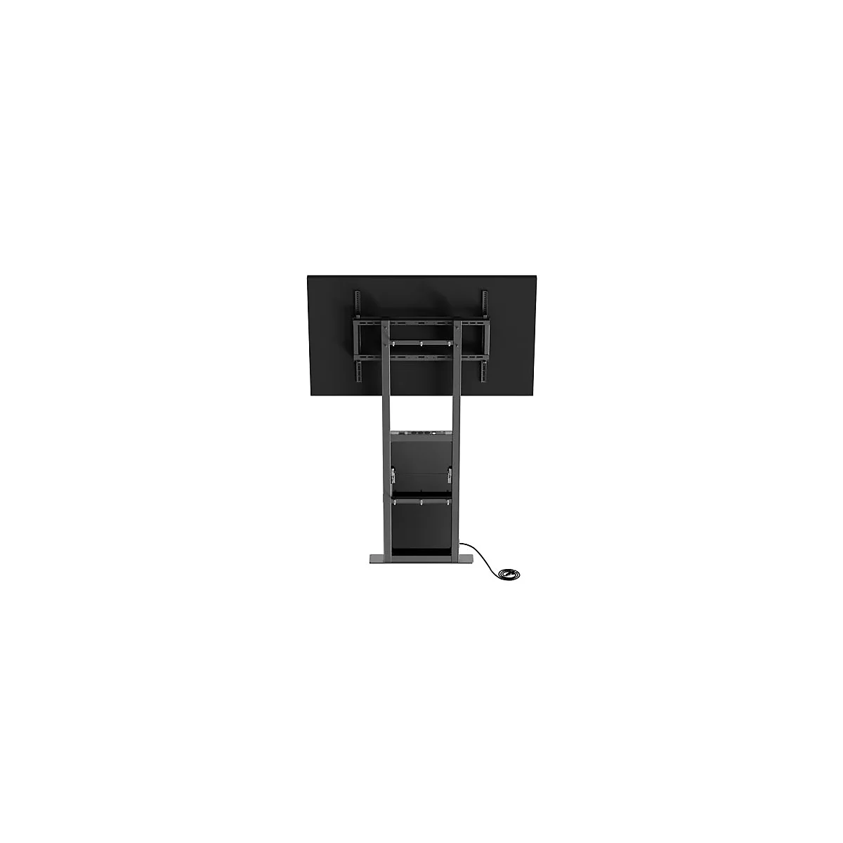 Rückansicht eines schwarzen interaktiven Whiteboards auf einem Metallständer. Darunter befinden sich Fächer und ein Kabel.