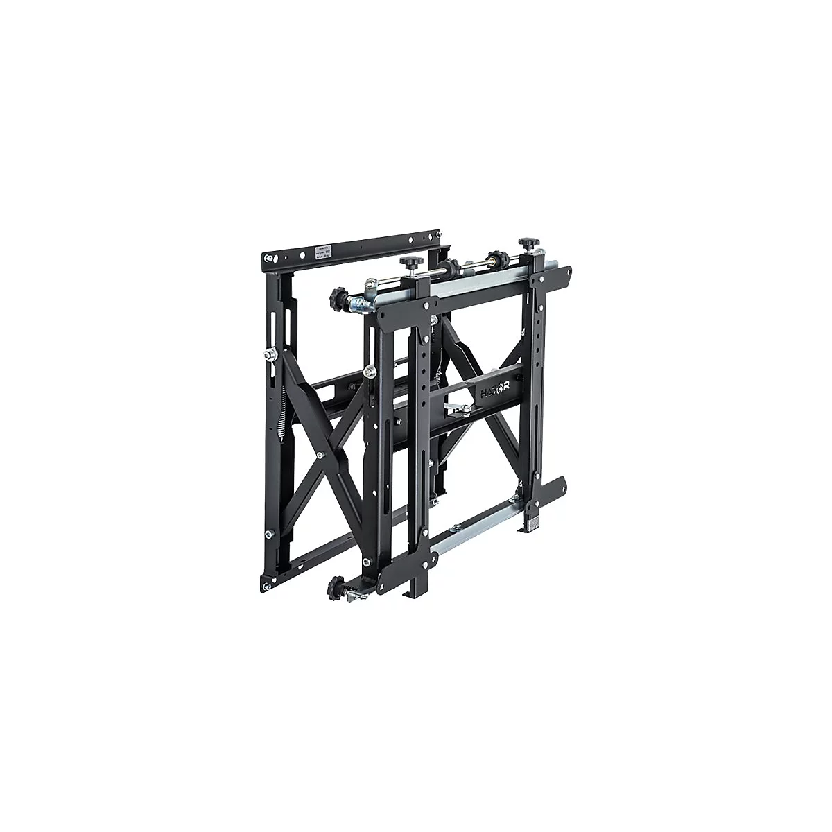 Schwarze TV-Wandhalterung mit Metallrahmen und Verstellmechanismen.