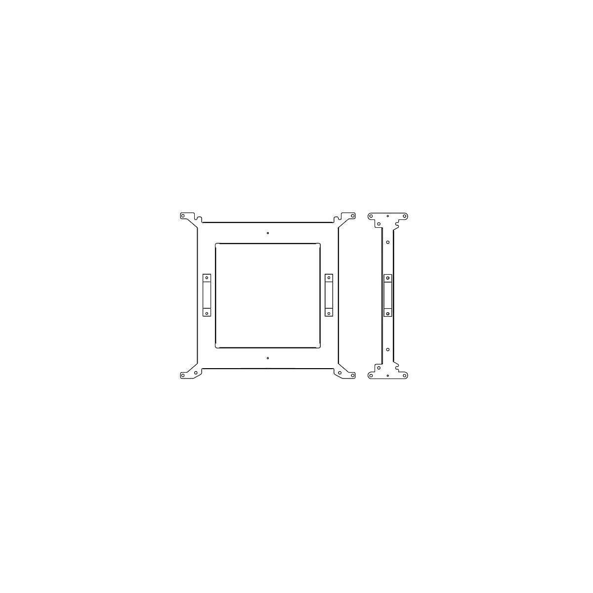 Schwarz-weiße Zeichnung einer CPU-Halterung, mit rechteckiger Form und detaillierten Ausschnitten.