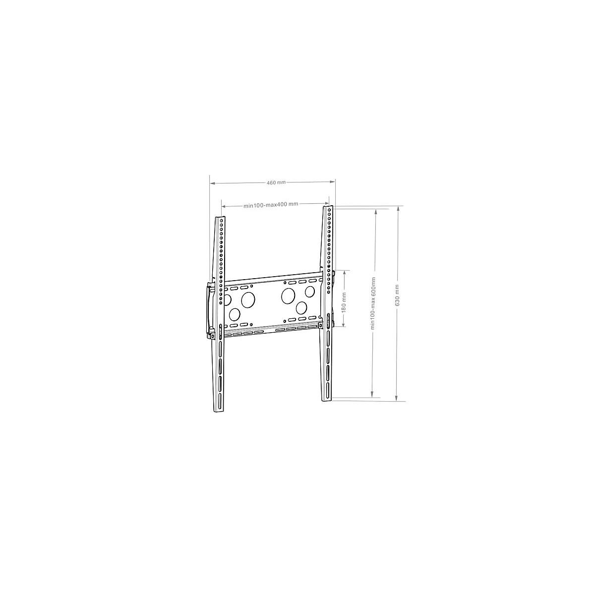 Dessin technique d'un support TV avec dimensions. Les diamètres sont indiqués : 460 mm, min100-max400 mm, 180 mm, min100-max600 mm, 630 mm.