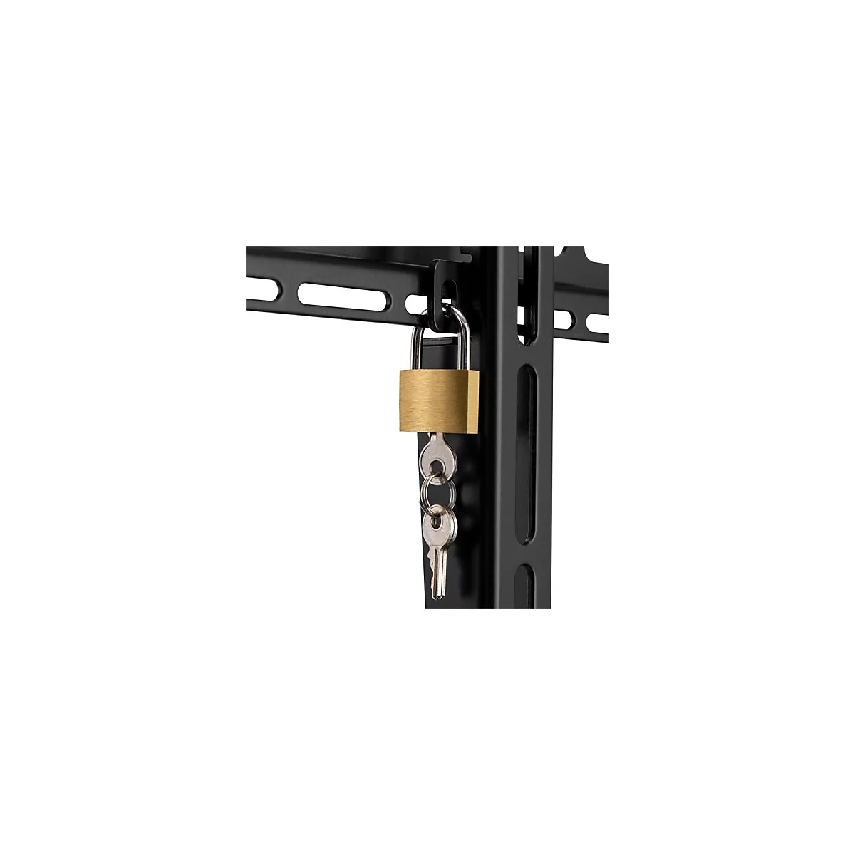 Gros plan d'un cadenas doré avec clés, fixé à un support métallique noir.