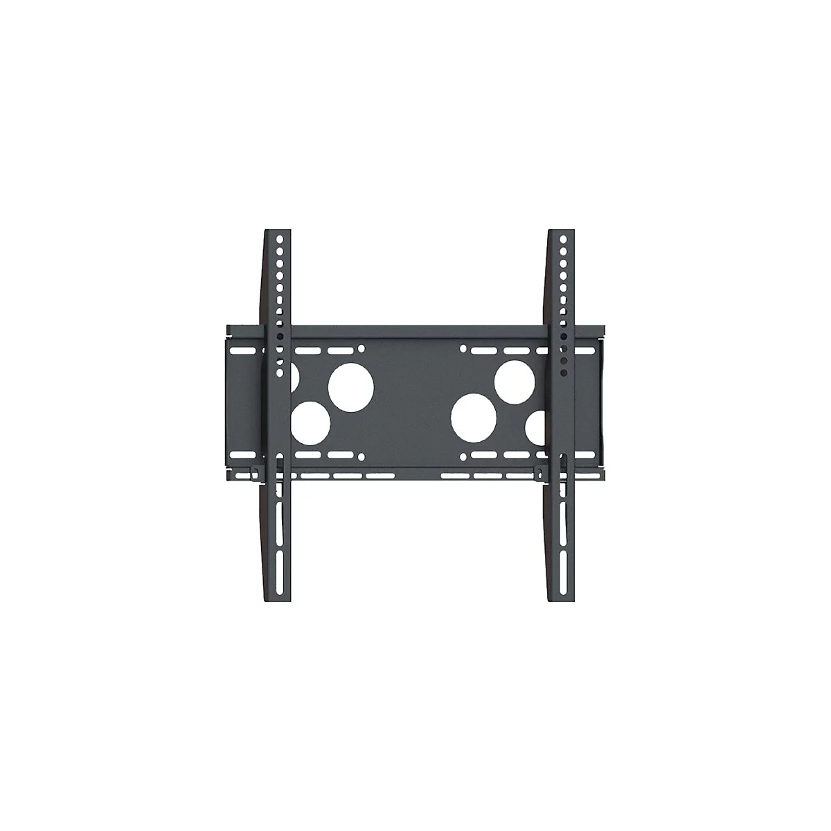 Support TV noir, vue de face, avec trous et supports. Sur fond blanc.