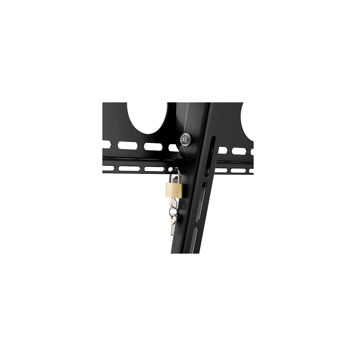 Gros plan sur un cadre métallique noir avec des fixations. Un cadenas doré sécurise un composant, avec des clés suspendues en dessous.