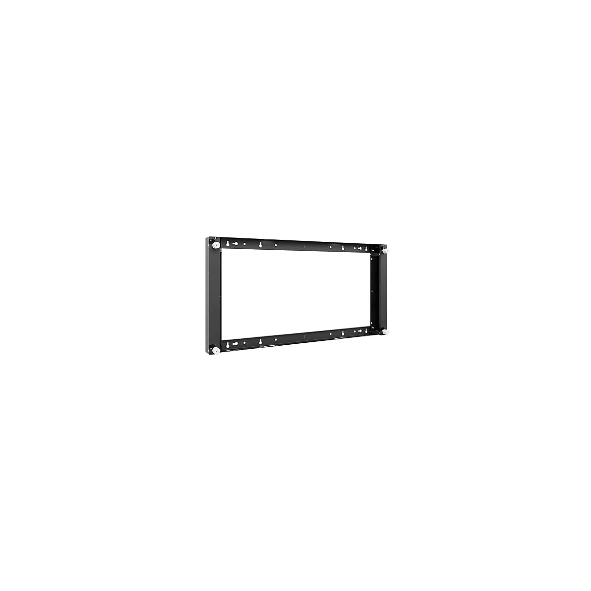 Schwarzer Metallrahmen mit quadratischer Form. Eckige Halterungen und Löcher zum Anbringen.