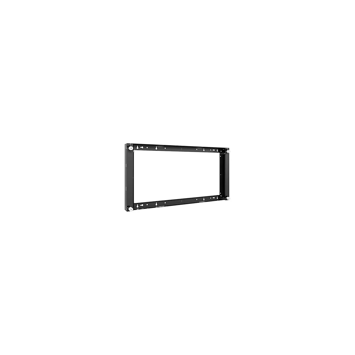 Schwarzer Metallrahmen mit quadratischer Form und Befestigungslöchern. Weiße Puffer an den Ecken.