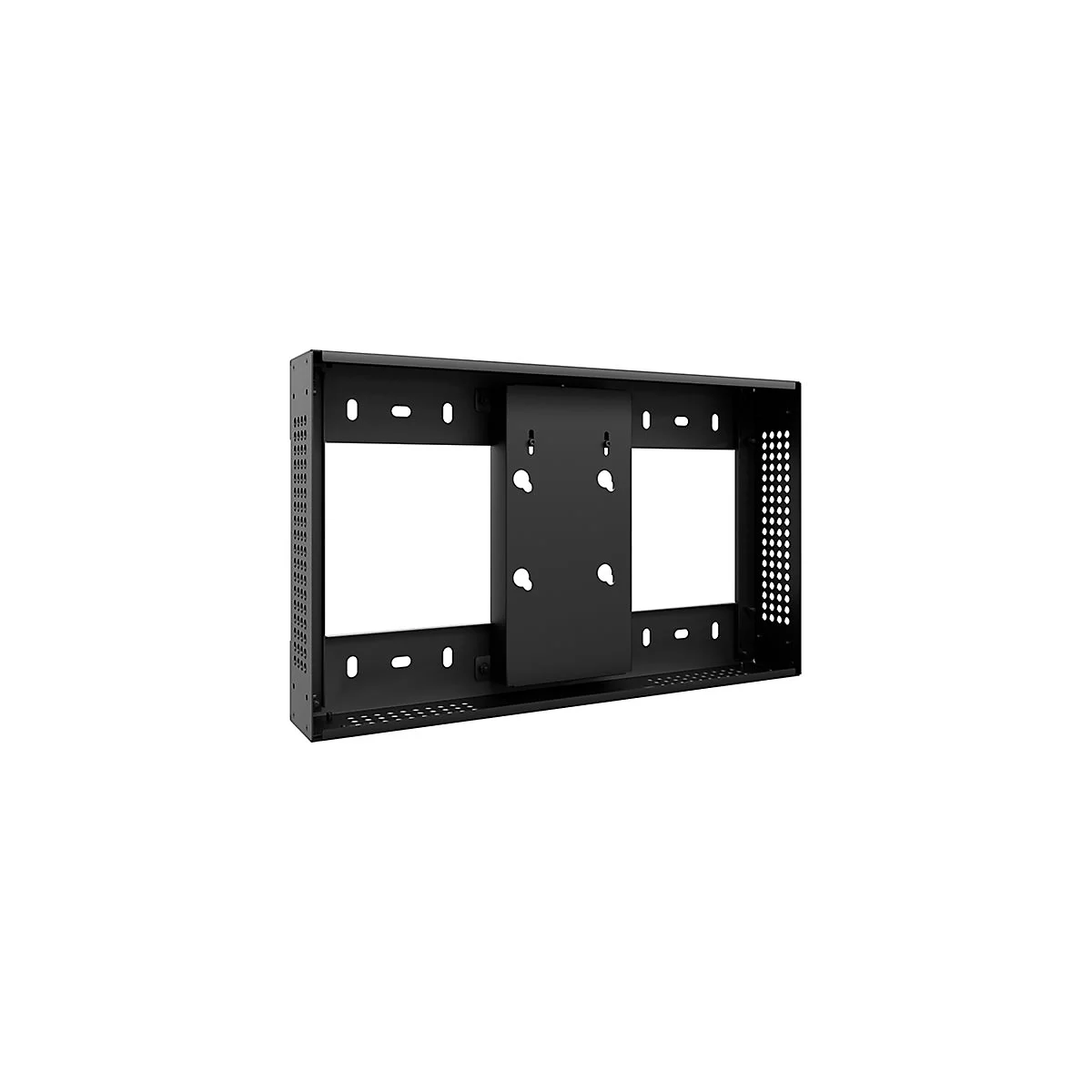 Schwarzer Wandhalter für Geräte. Rechteckiger Rahmen mit zwei großen Öffnungen, einer zentralen Halterung und Lochmustern.