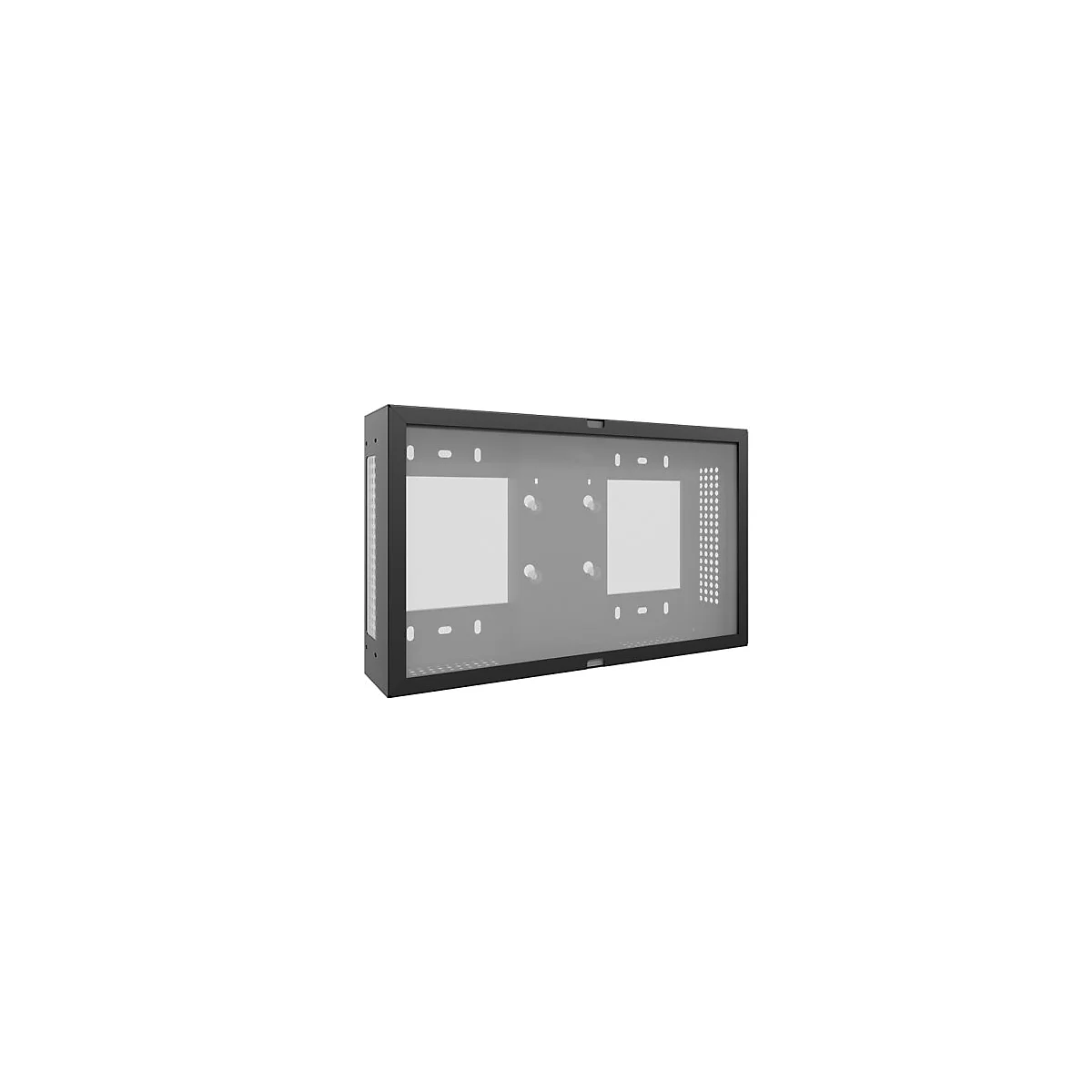 Schwarzer Wand-TV-Schrank, mit durchsichtiger Front. Innenliegend zwei weisse Rechtecke. Auf der rechten Seite eine Reihe von Löchern.