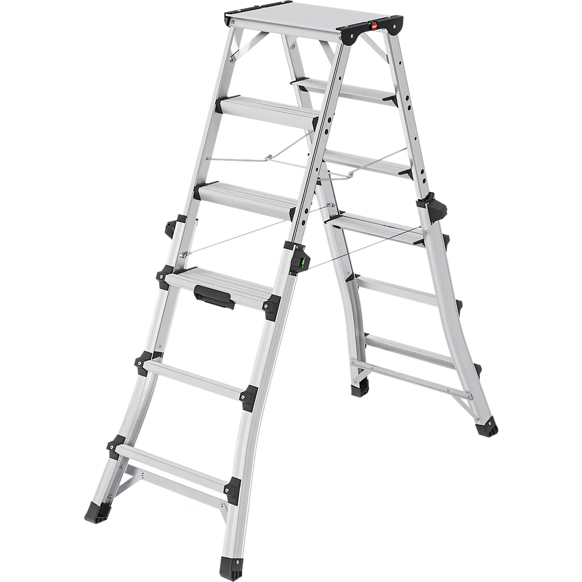 HAILO Alu-Doppel-Teleskopleiter D100, 2 x 4 - 2 x 6 Stufen, Spreizsicherung, Kunststofffüße, bis 287 cm Arbeitshöhe, bis 150 kg