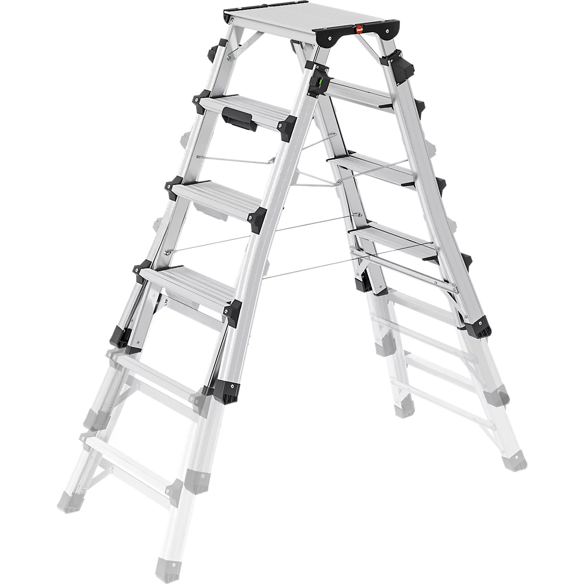 HAILO Alu-Doppel-Teleskopleiter D100, 2 x 4 - 2 x 6 Stufen, Spreizsicherung, Kunststofffüße, bis 287 cm Arbeitshöhe, bis 150 kg