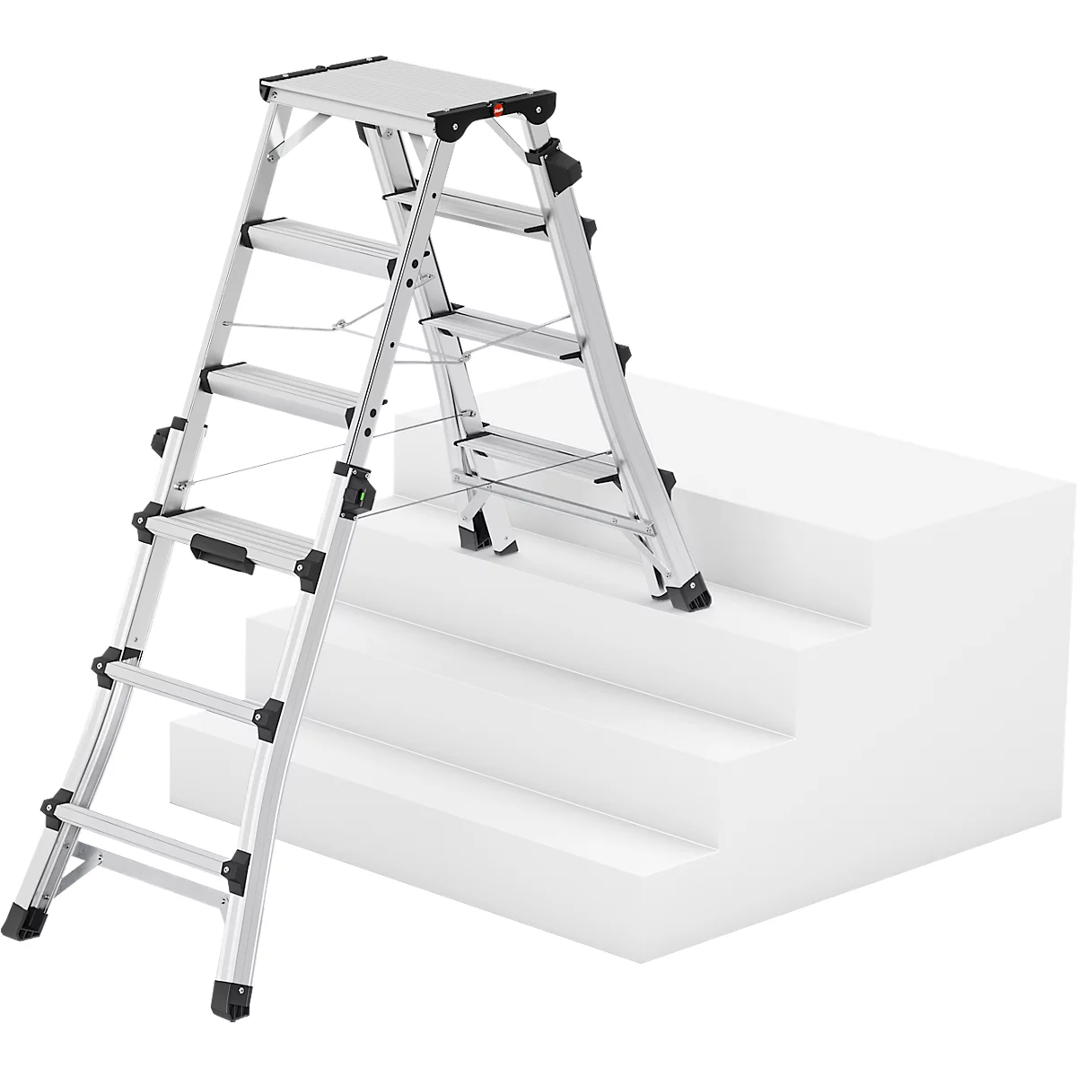 HAILO Alu-Doppel-Teleskopleiter D100, 2 x 4 - 2 x 6 Stufen, Spreizsicherung, Kunststofffüße, bis 287 cm Arbeitshöhe, bis 150 kg