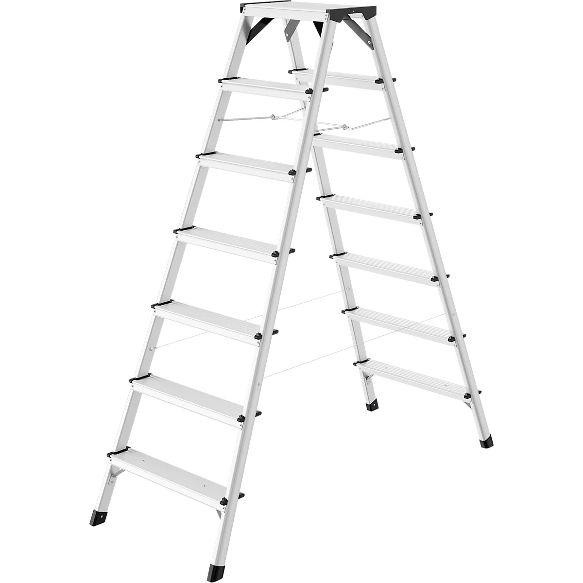 Een zilveren trap met zes treden. Zwarte kunststof voeten en scharnieren.