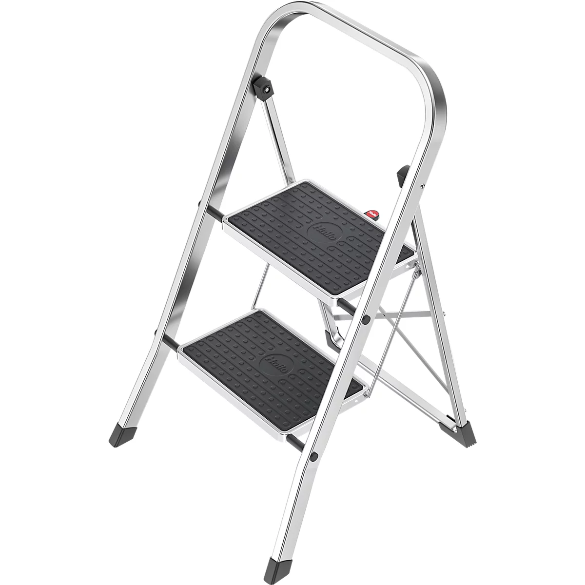 Folding, silver-colored stepladder with two black steps and a curved handle.