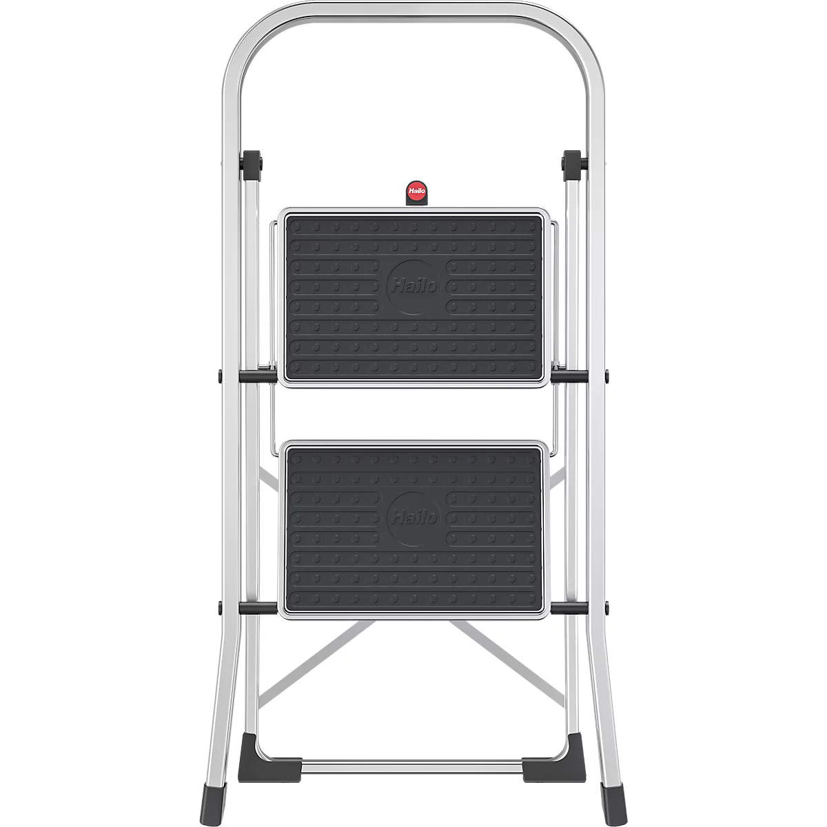 Grey stepladder with two steps. A red button is between the steps.