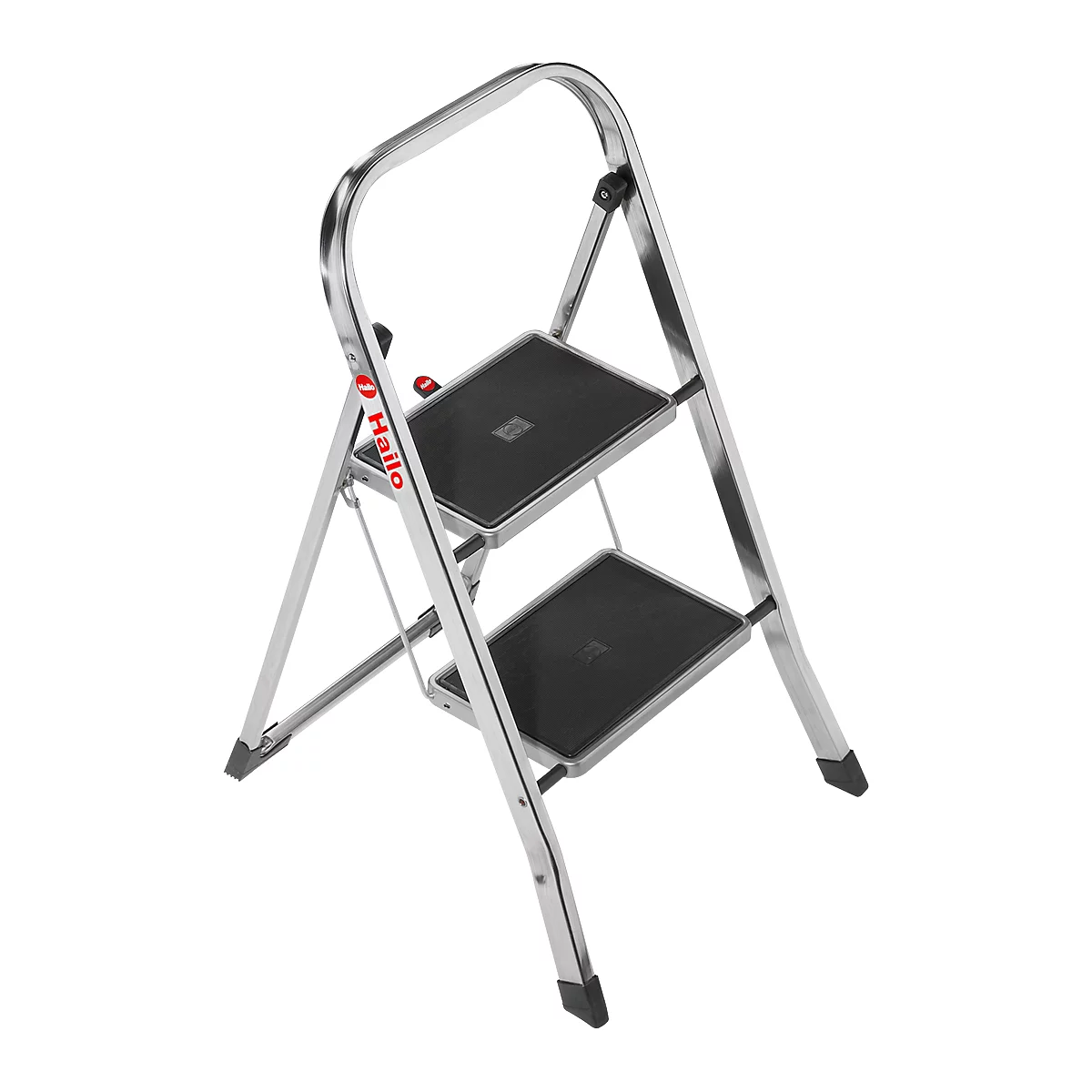 Silver stepladder with two steps and black tread. A handgrip is at the top. The "Hailo" logo is visible.