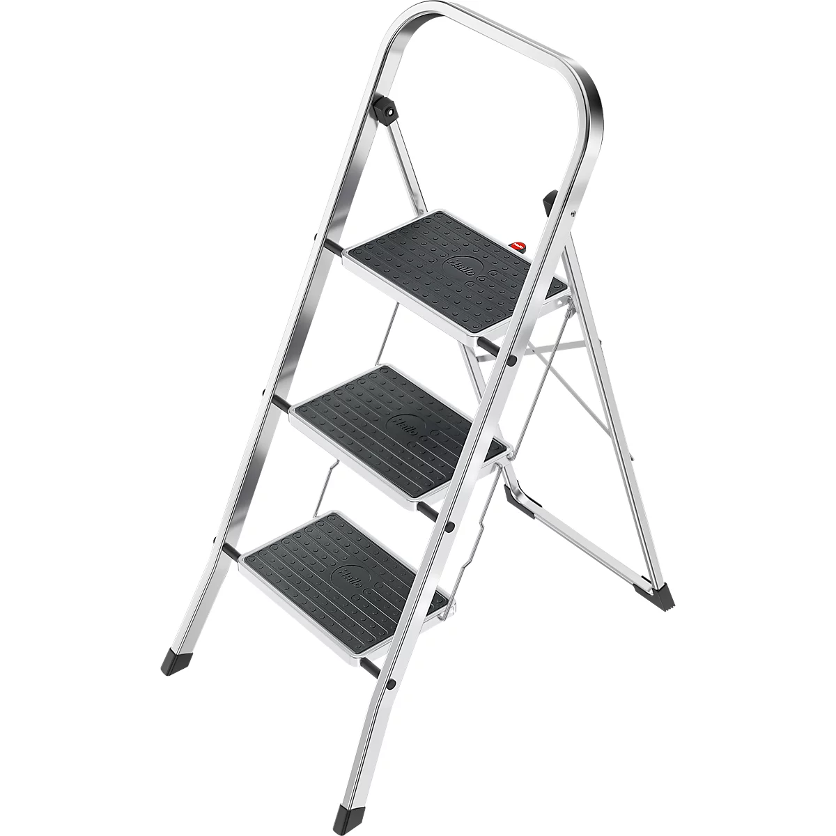 Silver step ladder with three black steps against a white background.