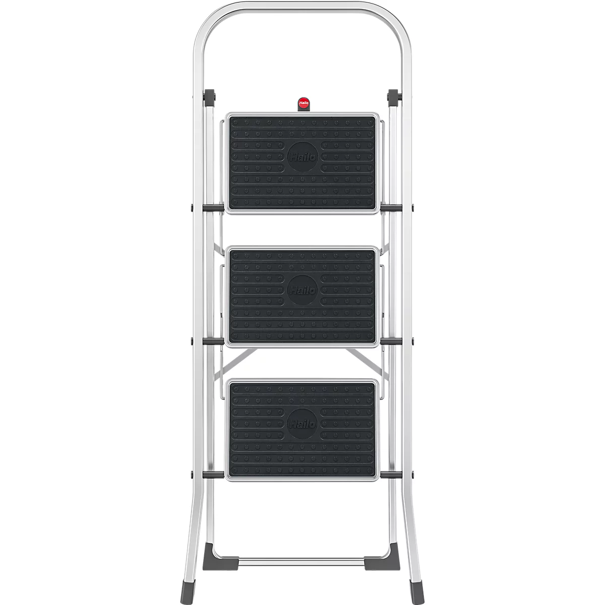 Foldable silver stepladder with three black steps, red joint and a sturdy handle.