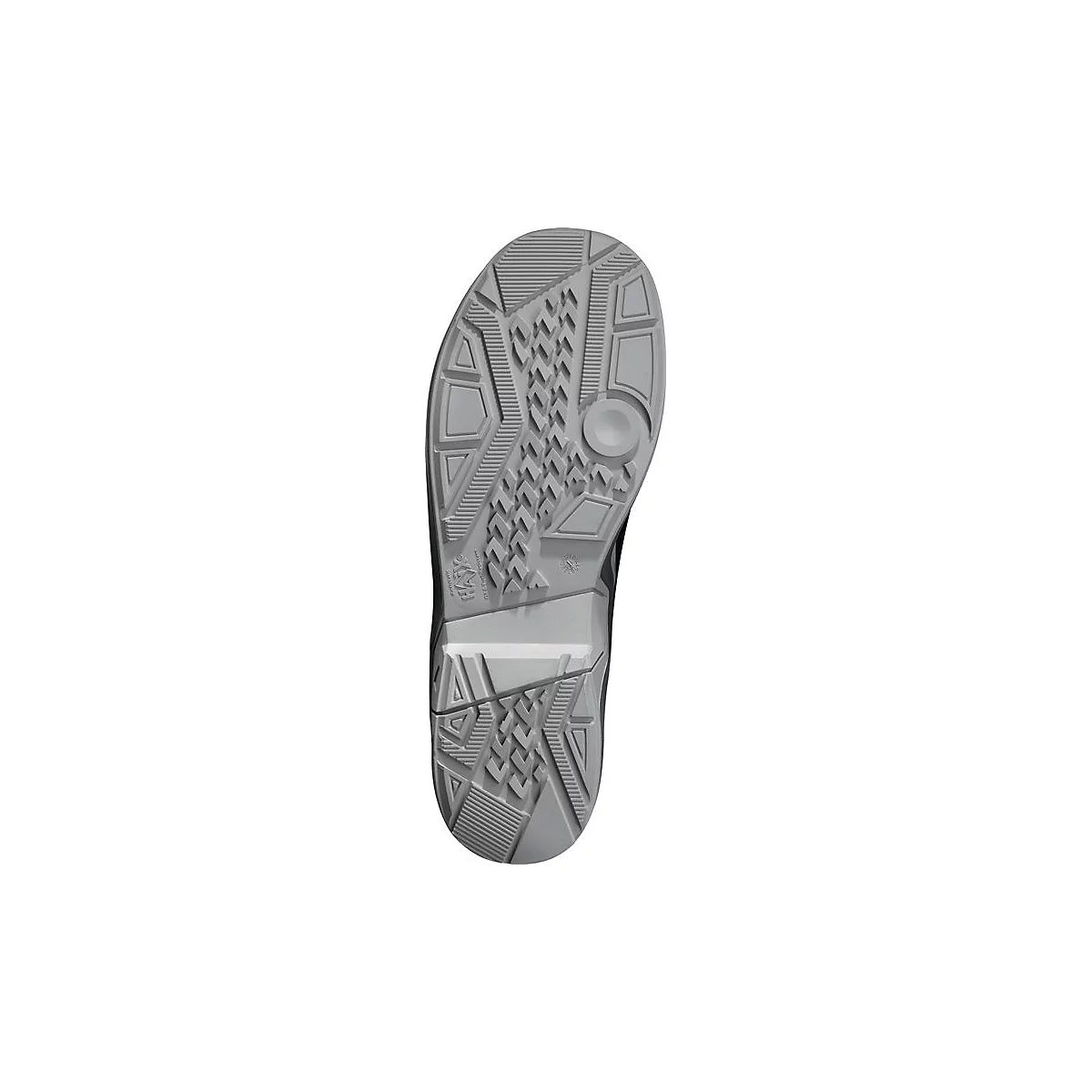 Close-up van de zool van een laars. Grijze rubberen zool met diepe groeven en profiel voor optimale grip.
