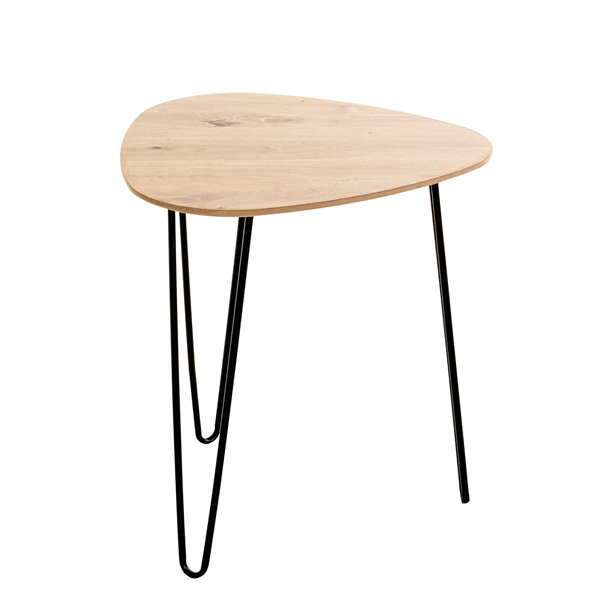 Dreieckiger Beistelltisch aus hellem Holz mit schwarzen Metallbeinen.