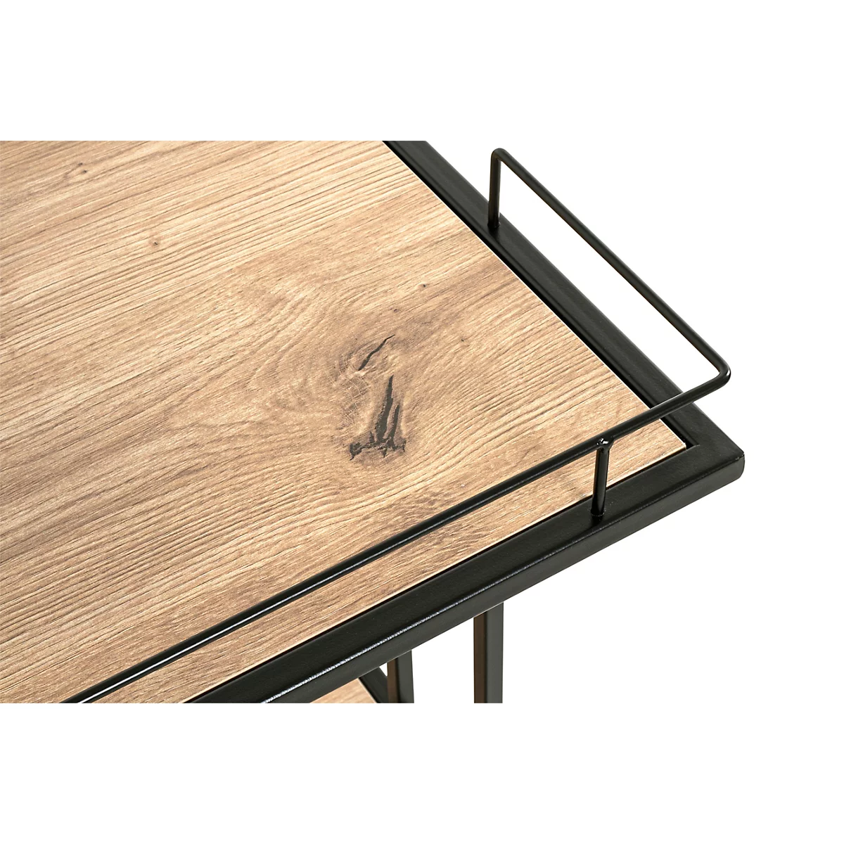 Detailansicht eines Servierwagens: Holzplatte mit schwarzem Metallrahmen und Griff.
