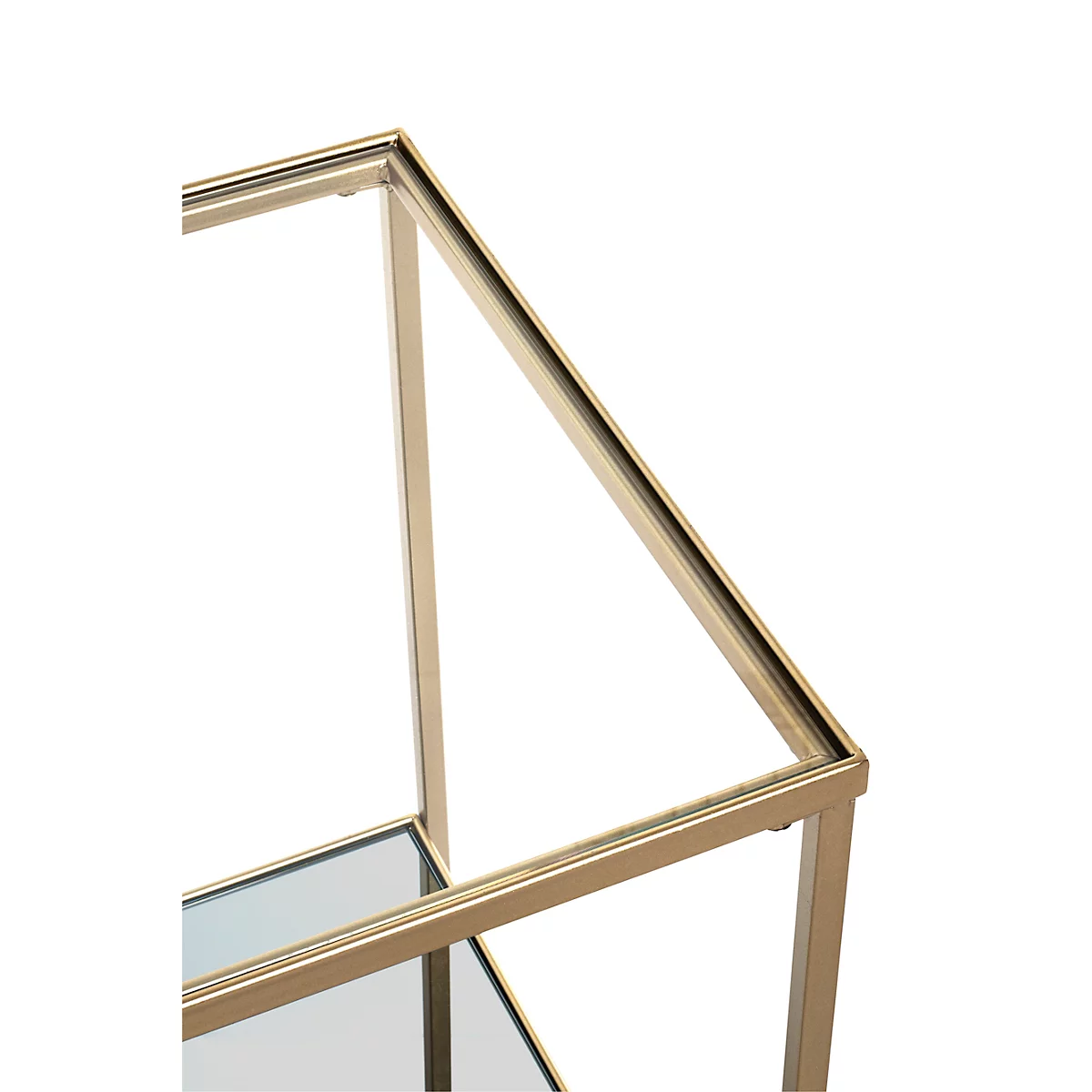 Detailaufnahme eines goldenen, rechteckigen Metallrahmens mit Glasplatten. Der Rahmen ist modern und elegant.