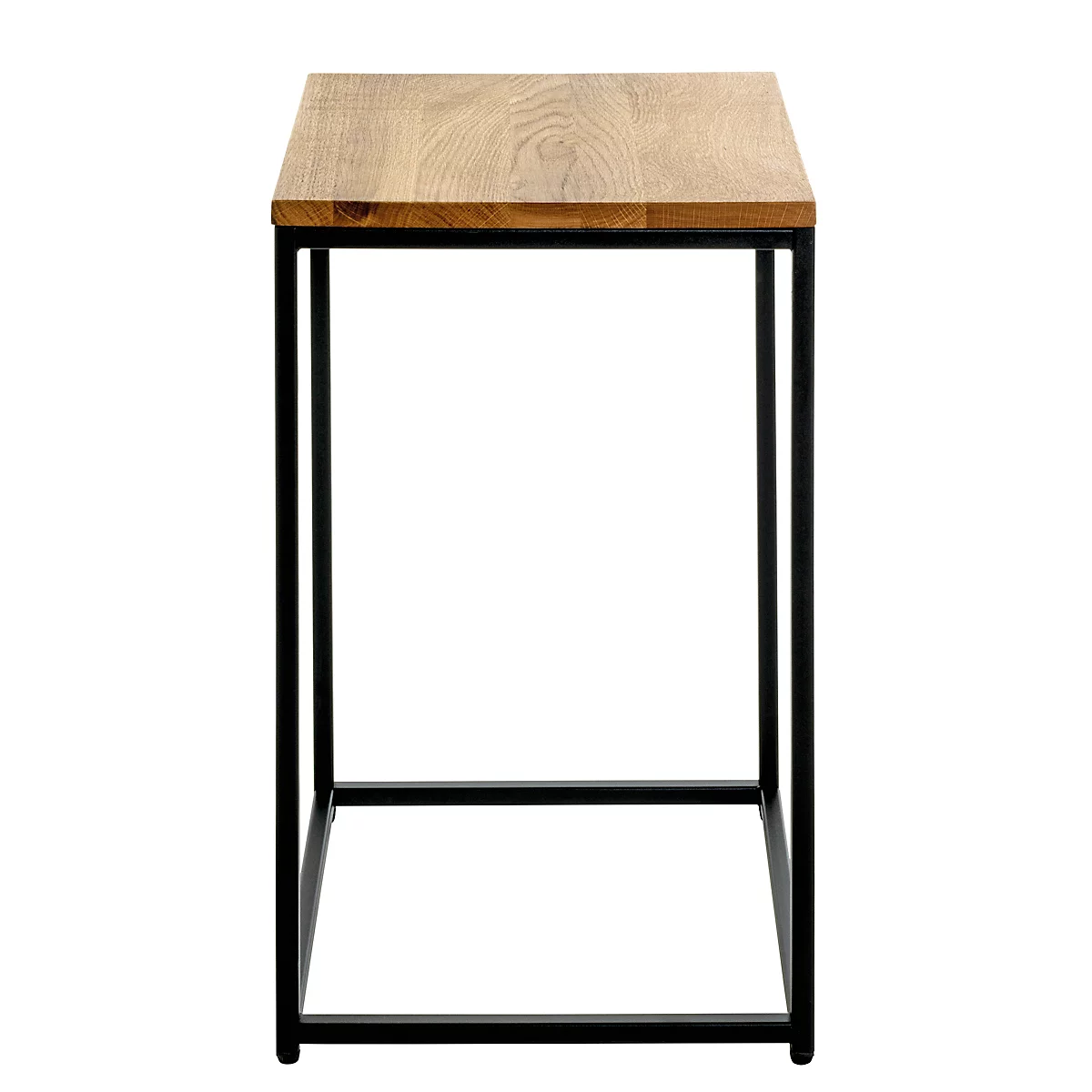 Kleiner Beistelltisch mit quadratischer Holzplatte und schwarzem Metallgestell.