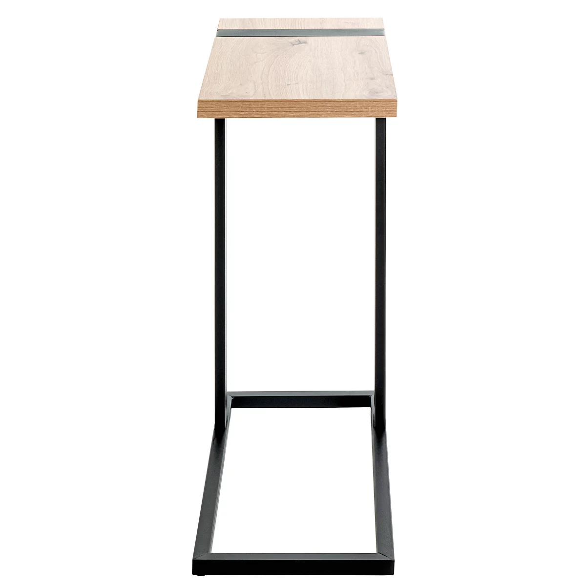 Beistelltisch aus hellem Holz mit schwarzem Metallrahmen. Oben ein dunkler Streifen.