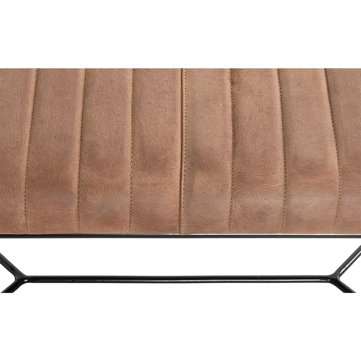 Upholstered bench with brown seat and black metal frame.