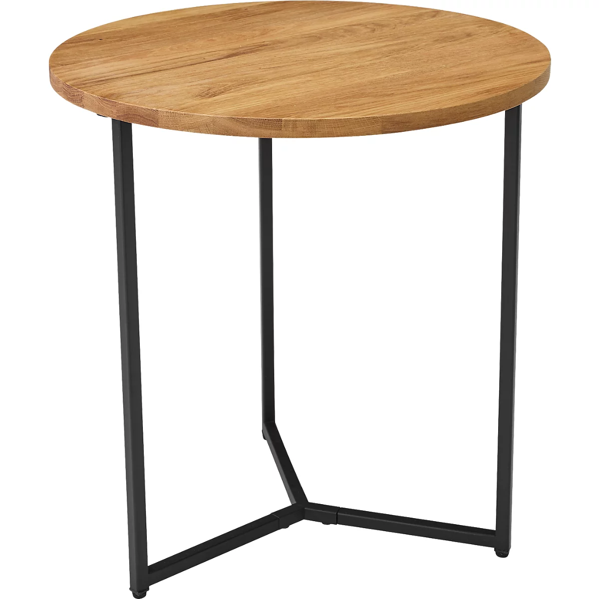 Ronde bijzettafel met houten blad en zwarte metalen poten.